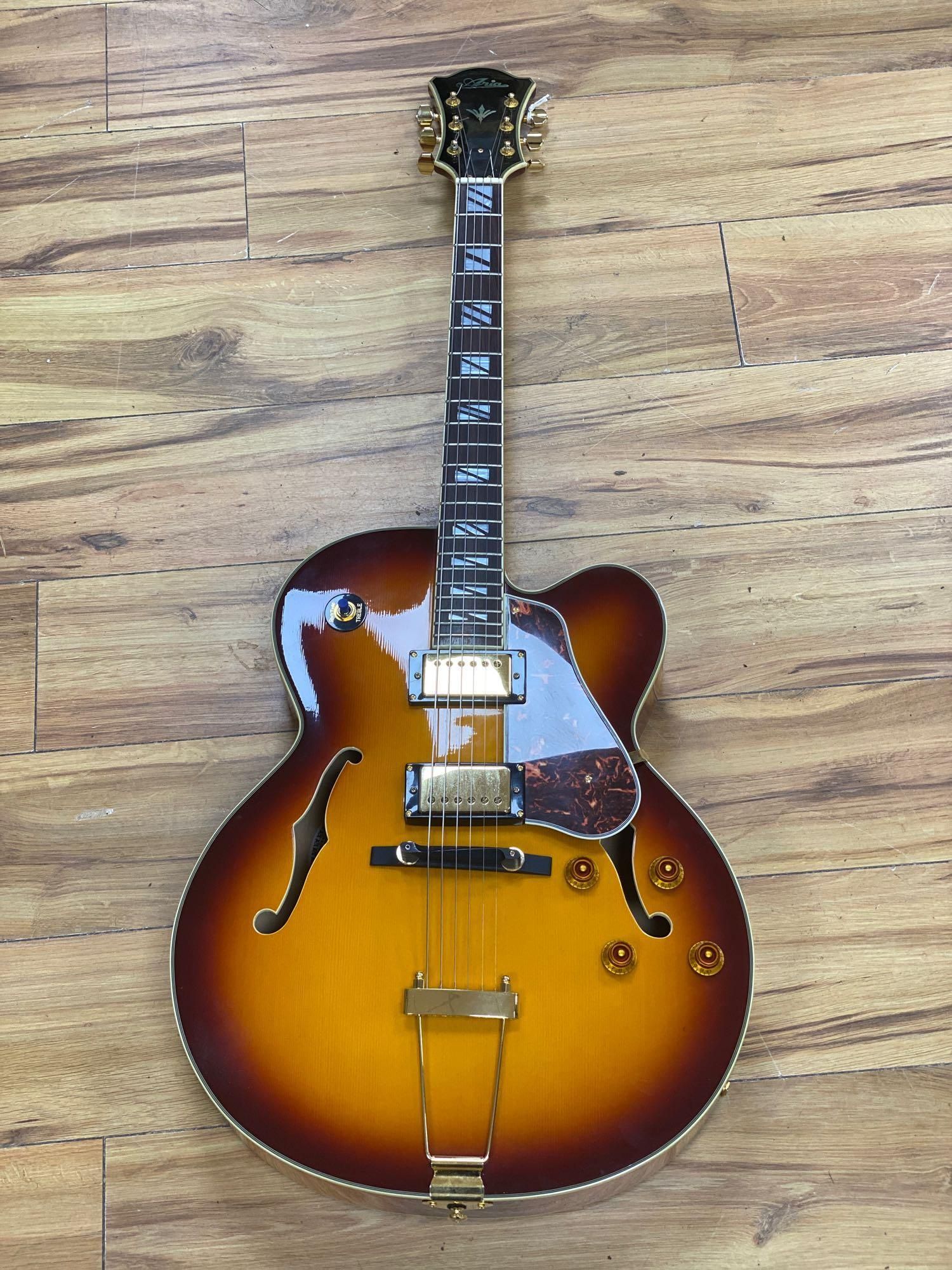 An Aria Career electric acoustic and jazz guitar, in soft case
